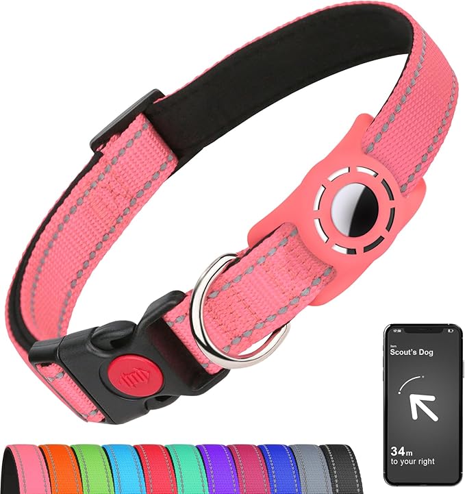 Airtag Dog Collar with AirTag Holder for Medium Dogs, Reflective, Soft Padded & Safety Locking Buckle, Nylon Pet Collars Adjustable for All Breeds, Pink,M