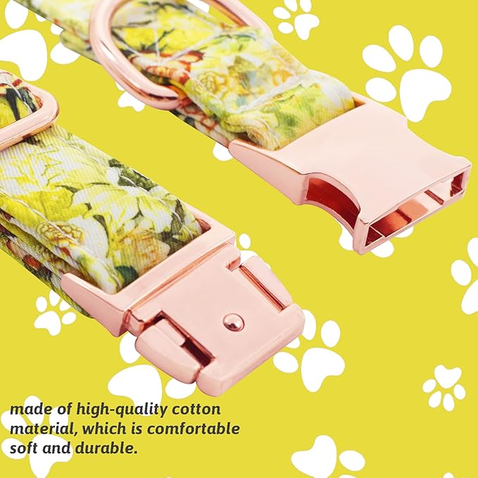 Dog Collar and Leash Set Girls Adjustable Puppy Collars with Floral Bow Tie for Small Medium Large Female Dogs, Yellow Rose, L