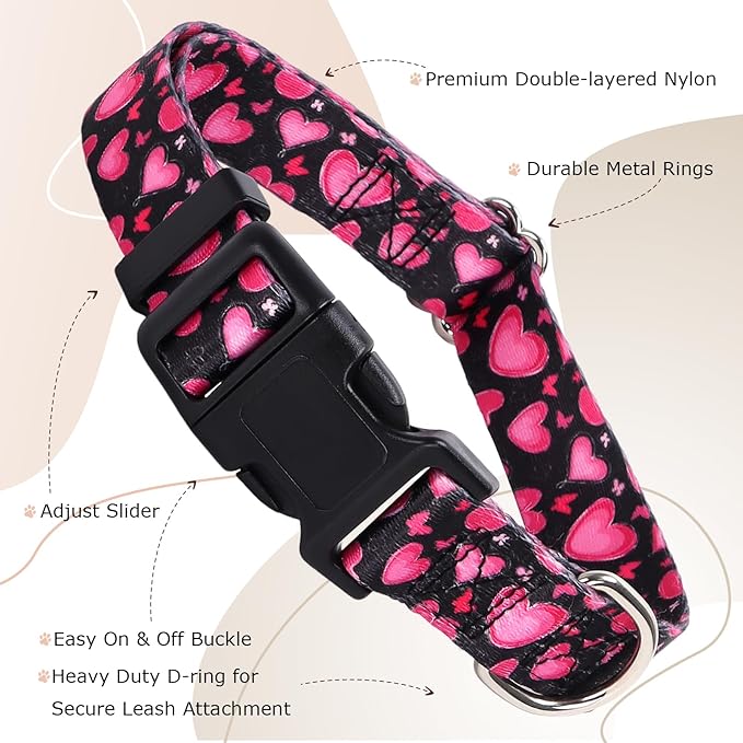 Dog Collar for Medium Dogs with Love Heart Patterns for Girl & Boy Dogs, Pink Dog Collar Adjustable Nylon Collar with Quick-Release Buckle, for Wedding, Valentine's Day, Birthday (M)