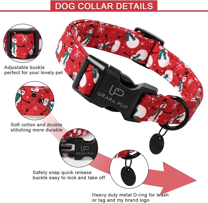 Red Christmas Dog Collar, Cute Snowman Christmas Collar with Quick Release, Comfortable Cotton Dog Collar for Puppy Girl Boy Dog