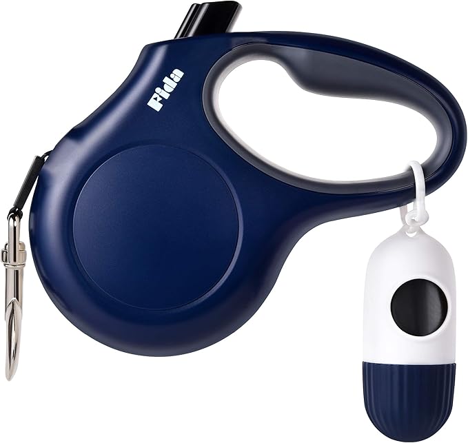 Fida Retractable Dog Leash with Dispenser and Poop Bags, 16 ft Pet Walking Leash for Small Dog or Cat up to 26 lbs, Anti-Slip Handle, Tangle-Free, Reflective Nylon Tape (S, Navy Blue)
