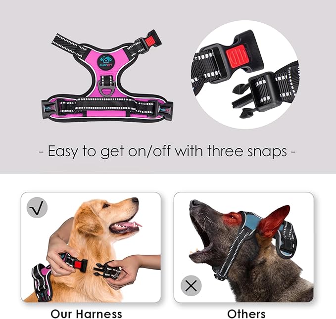 PHOEPET No Pull Dog Harness Medium Reflective Front Clip Vest with Handle,Adjustable 2 Metal Rings 3 Buckles,[Easy to Put on & Take Off](M, Pink)