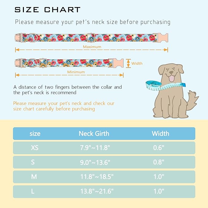 Faygarsle Colorful Pattern Dog Collar for Small Medium Large Dogs Cute Puppy Collars for Female Dogs Floral Dog Collars for Summer Spring Wedding Necklace Girl Dog Collar S