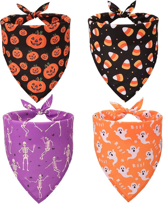 ADOGGYGO 4 Pack Halloween Dog Bandana, Pumpkin Ghost Dog Scarf Bib, Pet Halloween Bandanas Costume Accessories for Medium Large Dogs (Large)