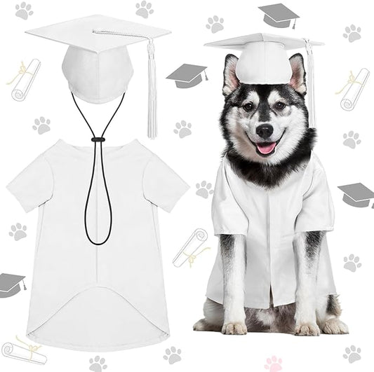 Xuniea 2 Pcs Dog Graduation Costume Set 2025 Dog Graduation Cap and Gown Puppy Hat with Tassel Matte Pet Grad Outfit Cats Grad Bear Holiday Party Costume Accessory(White,Large)