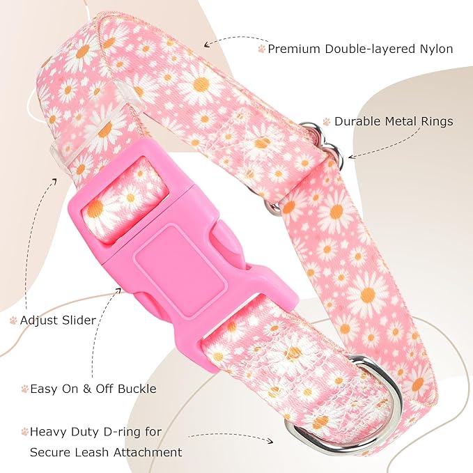 Pink Dog Collars for Large Dogs, Girl Dog Collars with Hot Daisy Flowers, Adjustable Comfy Soft Pet Collar with Safety Buckle for XS Small Medium Large Dogs(L)