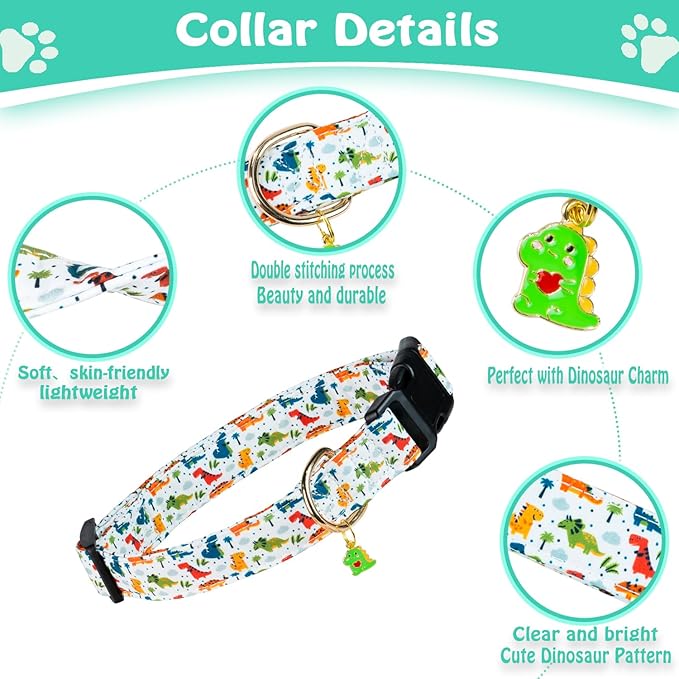 Cute Cotton Dog Collar - Special Design, Soft Adjustable Dinosaur Puppy Collars for Small, Medium, Large Dogs