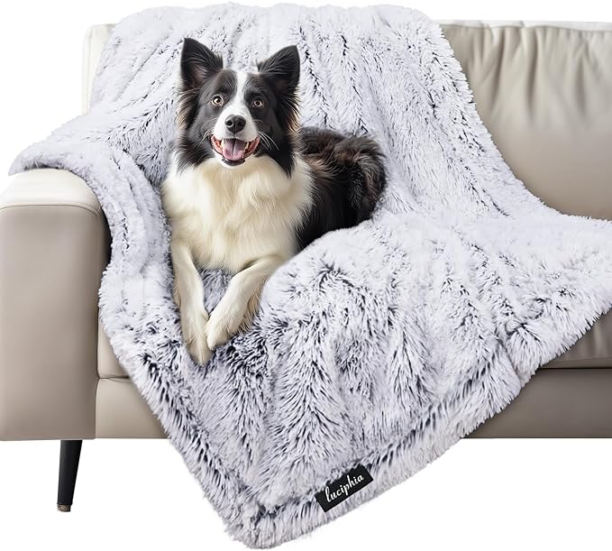 Luciphia Large Waterproof Dog Blanket for Pet Washable Liquid Proof Furniture Protector Shaggy Plush Calming Long Faux Fur Bed Cover for Couch Calming Cat Blankets for Medium, Mist Grey, 50" x 60"