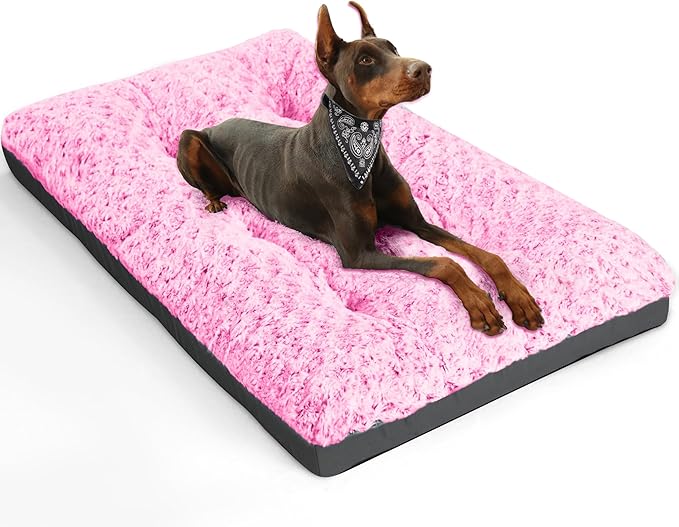 POCBLUE Deluxe Washable Dog Bed for Large Dogs Dog Crate Mat 36 Inch Comfy Fluffy Kennel Pad Anti-Slip for Dogs Up to 70 lbs, 36" x 23", Pink