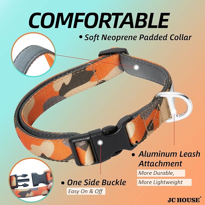 Soft Padded Dog Collar, Neck 16’’-25’’, Adjustable Heavy Duty Collar with 3M Reflective Logo for Medium, Large Dogs, Camo Orange, L