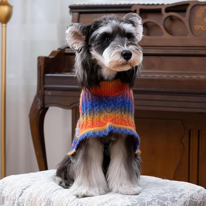 Rainbow Mohair Dog Sweater Cloak, Cold Weather Coat Dog Jacket for Small Dogs, Classic Turtleneck Thick Puppy Clothes with Leash Hole DS94L