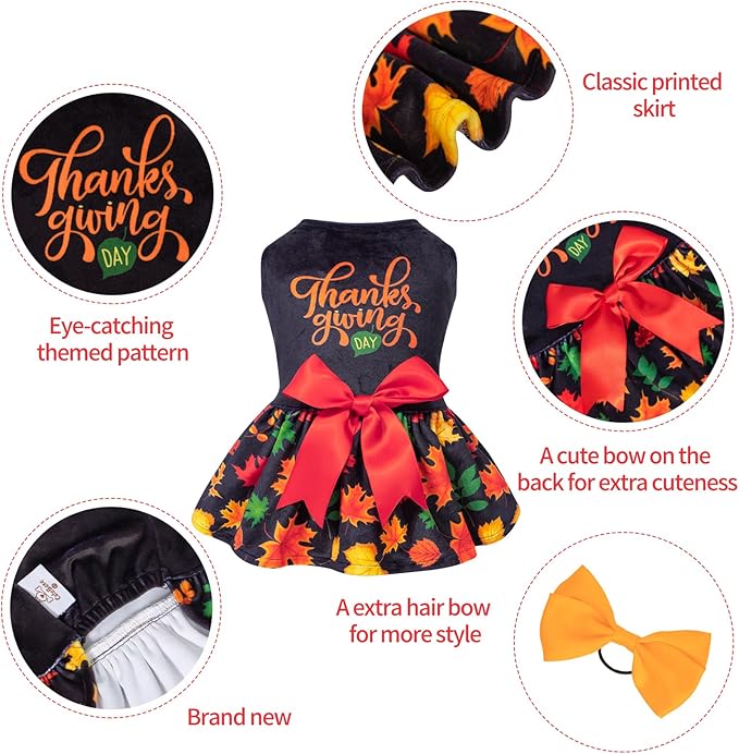 CuteBone Fall Dog Dresses Thanksgiving Costume Velvet Holiday Small Dogs Clothes Onesie Pet Apparel Girl Puppy Skirt with Bow Hair Rope CVA26M-D