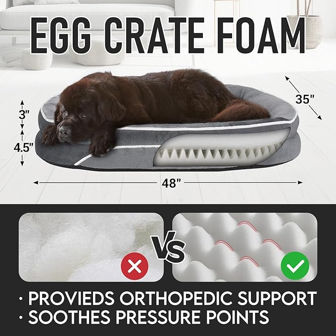 OhGeni Orthopedic Big Dog Couch XX-Large Sized Pet Beds for Fathers Gifts with Comfort Foam Support, Soft Indestructible Fabric, Machine Washable Waterproof Removable Cover, 48-Inch (Gray)