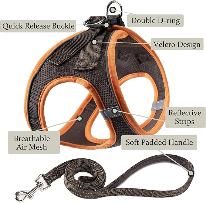 Dog Harness with Leash Set, No Pull Adjustable Reflective Step-in Puppy Pet Vest Harnesses for Small Medium Large Dogs and Cats,Brown XL