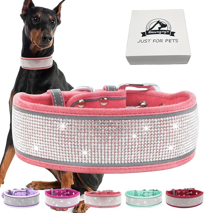 Bling Diamond Dog Collar for Females Girls,Soft Velvet Leather with Fancy Sparkly Crystal Rhinestones,Reflective Stripe,Suit Medium Large Dogs (Pink, S)