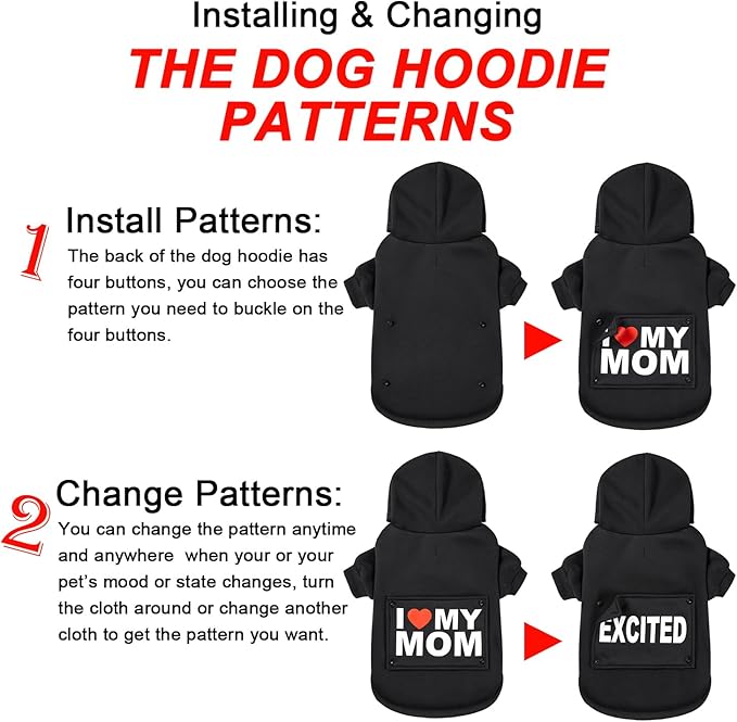 GreenJoy Magic Dog Sweater with 4 Interchangeable Patterns - Puppy, Cat & Dog Hoodie Cold Weather Coat - X-Small, Black (Letter Print A)