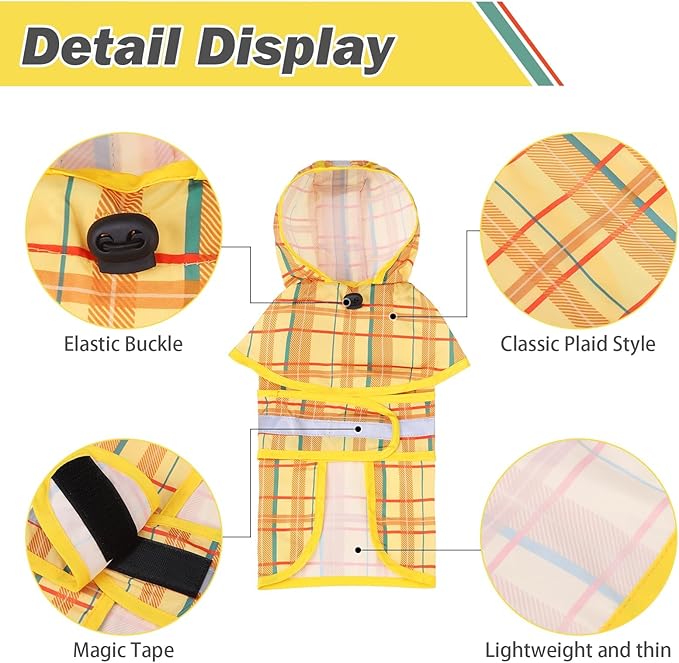 KOOLTAIL Dog Raincoat Hooded Slicker Poncho with Leash Hole, Raincoat for Small Medium Dogs, Waterproof Doggie Rain Jacket with Reflective Strip, Adjustable Breathable Plaid Puppy Rainwear-Yellow