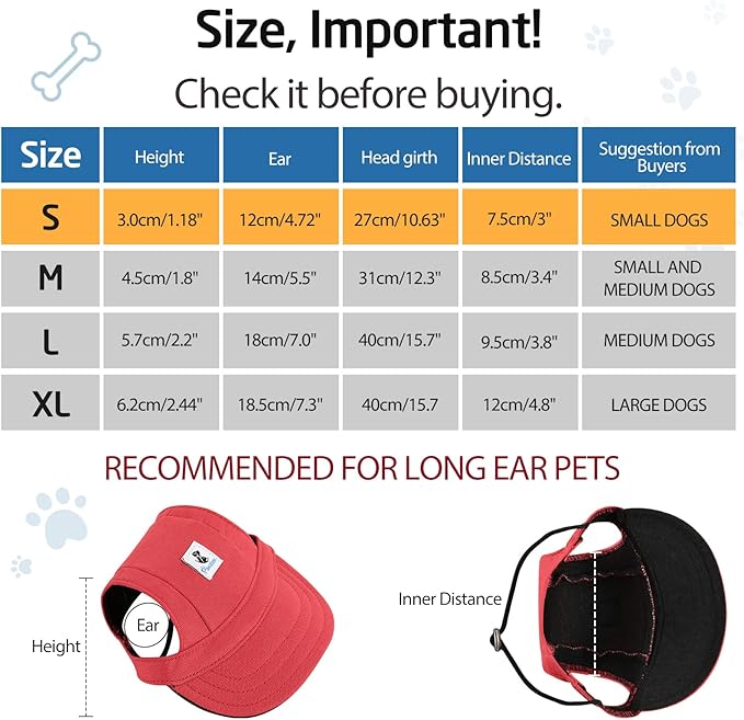 Pawaboo Dog Baseball Cap, Outdoor Pet Sport Sun Protection Baseball Cap Hat, Adjustable Travel Sport Hat Visor Sunbonnet Outfit with Ear Holes for Small Dogs Puppy, S, Red