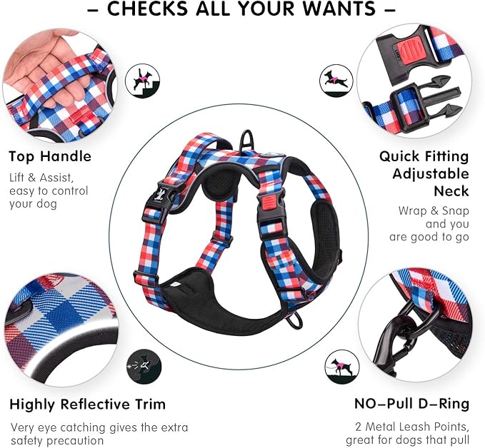 PoyPet Plaid Dog Harness, No Pull Front Clip Pet Vest Harness, Soft Padded Reflective Adjustable Walking Harness with Handle for Large Medium Small Dogs(Checkered Blue, XL)