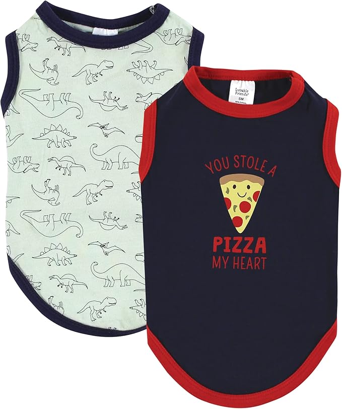 Luvable Friends Dog Pet Dog and Cats Cotton T-Shirts 2pk, Pizza Dino, Large