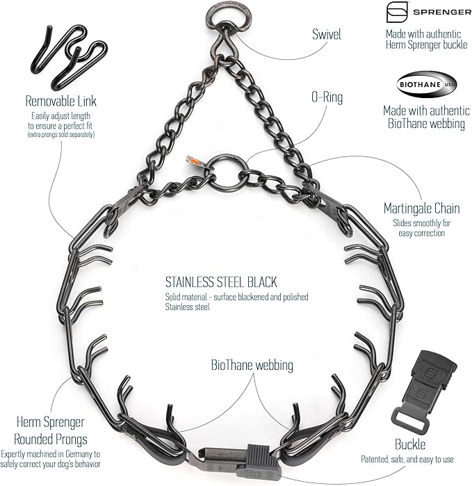 Herm Sprenger Black Stainless Steel Dog Collar with Quick Release ClicLock Buckle and Biothane Insert Training Collar Made in Germany (Black, 23in x 3.2mm(Neck Size up to19-20in))