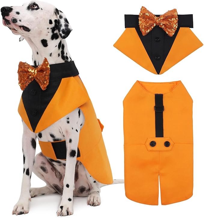 Kuoser Dog Tuxedo Suit and Bandana Set, Pumpkin Color Dogs Thanksgiving Outfit Adjustable Dog Halloween Costume with Bow Tie for Large Medium Small Dogs Golden Retriever Samo Bulldogs, XL
