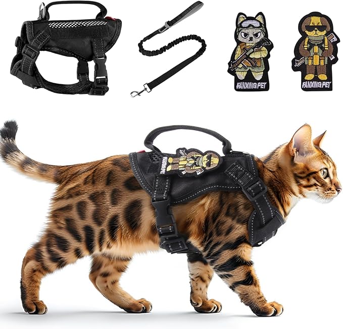 Cat Harness and Leash Set for Walking Escape Proof Adjustable Reflective Large Cat Tactical Harness with Patches Breathable Summer Vest Soft Mesh Padding Handle Easy to Control (Black, M)