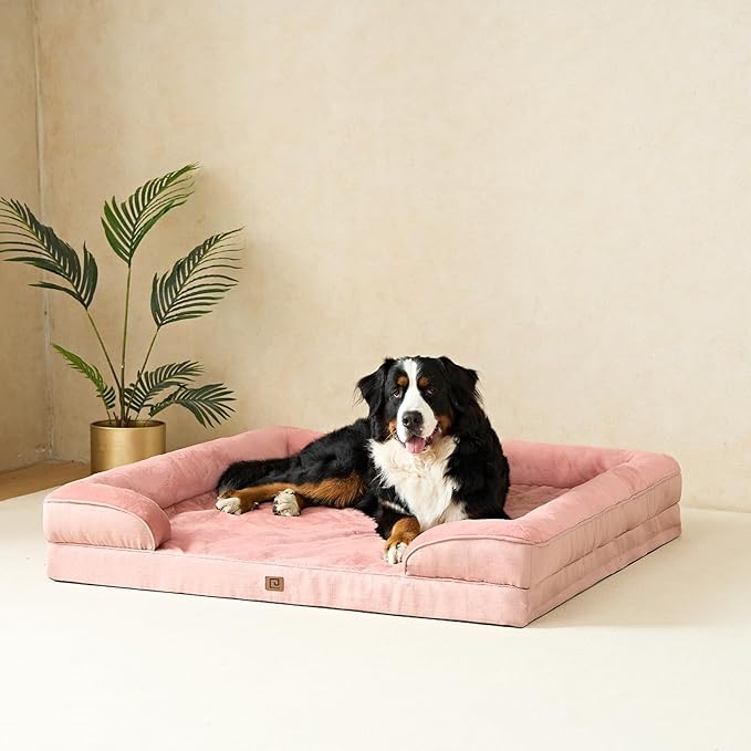 EHEYCIGA Orthopedic Dog Beds for Extra Large Dogs, Waterproof Memory Foam XXL Dog Bed with Sides, Non-Slip Bottom and Egg-Crate Foam Big Pet Couch Bed with Washable Removable Cover, Dusty Pink