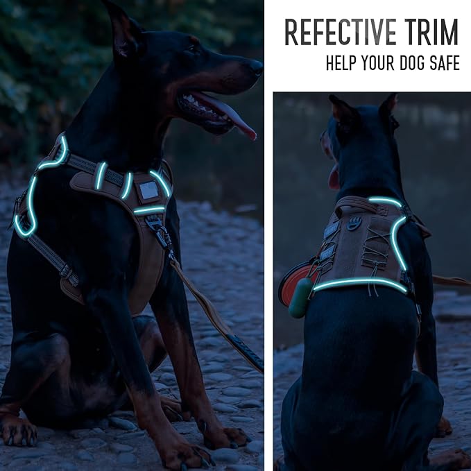 Tactical Dog Harness for Medium Large Dogs, Heavy Duty Dog Harness with ID Card, Reflective Hiking Harness for Training Easy Control Dog Vest with Handle Brown