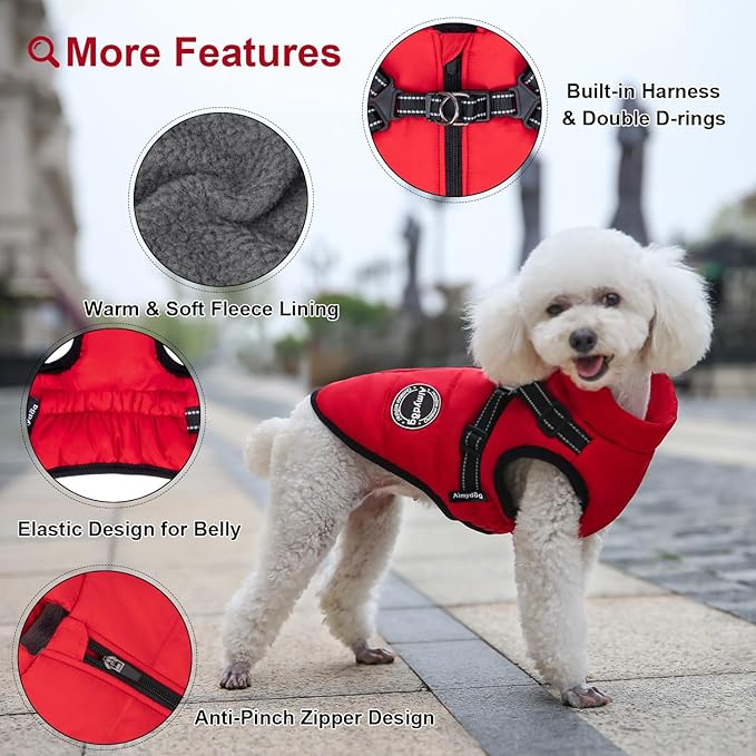 Dog Winter Coat, Warm Dog Jacket Reflective Adjustable Dog Fleece Vest with Harness Built in, Waterproof Windproof Dog Snow Jacket Snowsuit with Zipper for Small Medium Dogs, Red XS
