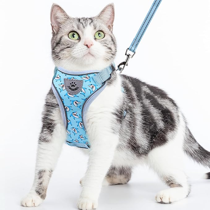 PUPTECK Cat Harness and Leash Set Escape Proof Reflective Cat Walking Harness Adjustable Soft Breathable Mesh Vest for Small Pets, Blue Sharks, S