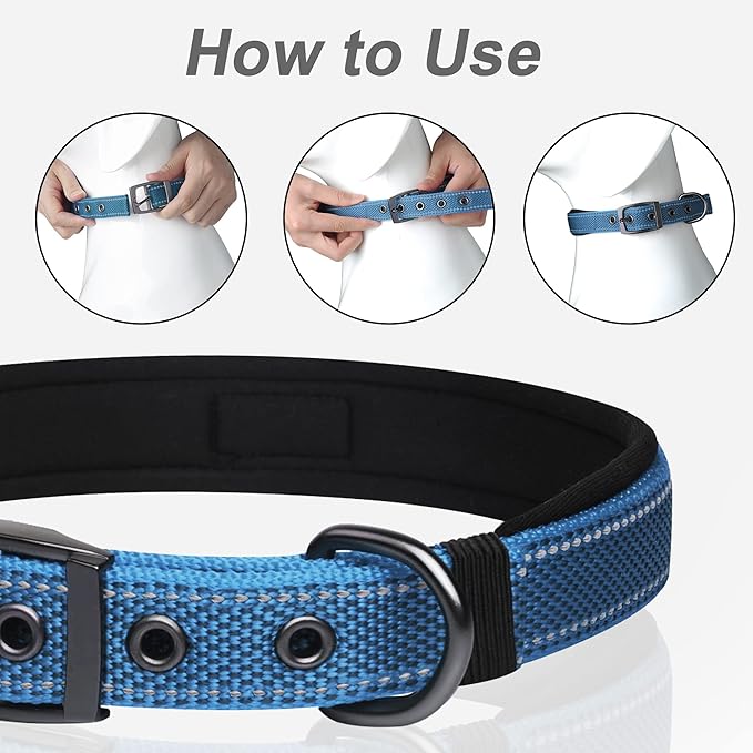 PetiFine Neoprene Padded Dog Collar, Heavy Duty Comfort Dog Collar with Durable Metal Buckle, Reflective Adjustable Belt Buckle Dog Collars for Small Medium Large Dogs(19''-23'', Blue