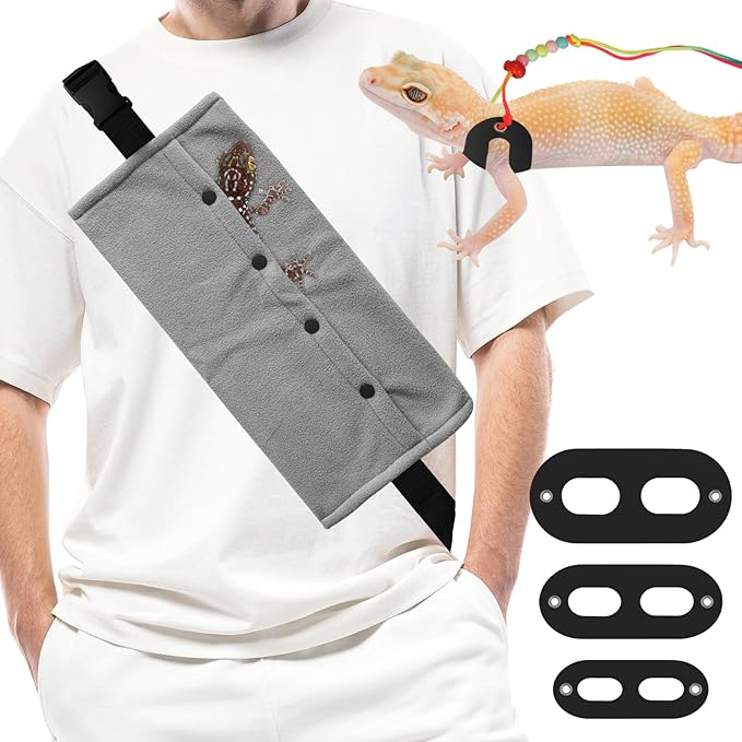 Bearded Dragon Carrier and Leather Leash, Adjustable Harness and Reptile Small Pet Coral Fleece Backpack for Outdoor Travel Walking Rest -Black