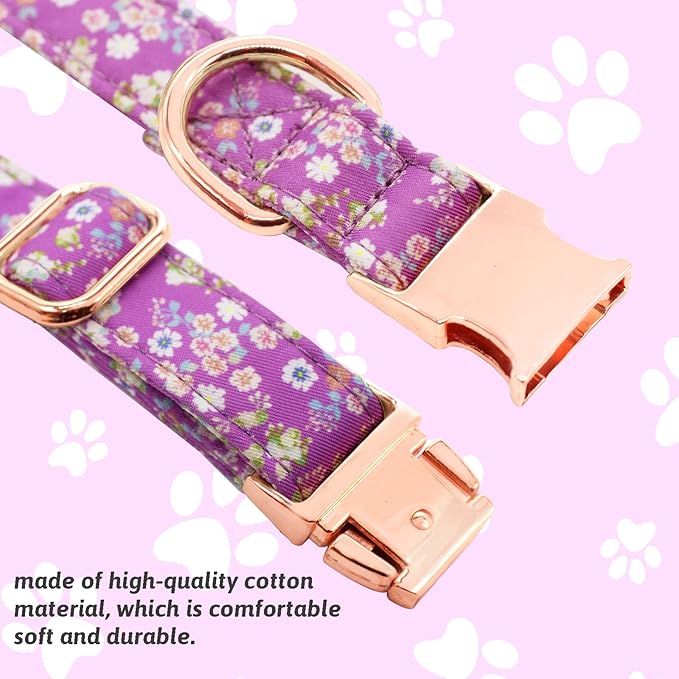 Dog Collar and Leash Set Girls Adjustable Puppy Collars with Floral Bow Tie for Small Medium Large Female Dogs, Purple, L