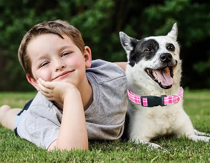 Tunkoo Pink Plaid Dog Collar, Cute Adjustable Premium Cotton Collar Durable Plastic Buckle for Small Medium Large Boys Girls Dogs, S