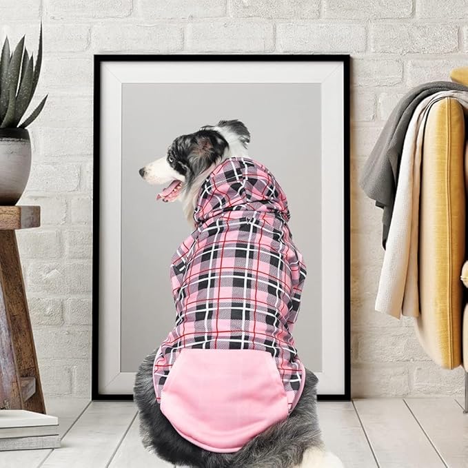 EXPAWLORER Plaid Dog Hoodie - British Style Warm Dog Sweater Shirt with Leash Hole,Pitbull Clothes Outfits,Winter Coat Apparel for All Breeds Puppy Girl Boy-Cat Apparel