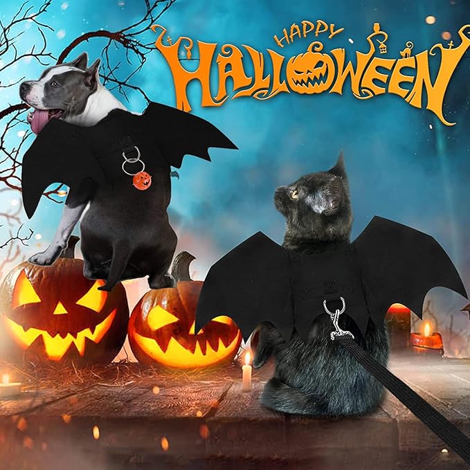 Dog Bat Wings Costume Halloween Pet Costume 3PCS Funny Cat Dog Wings with Leash Pumpkin Jingle Bell Cosplay Bat Clothes for Small Medium Large Dogs Puppy Holiday Outfit Dress