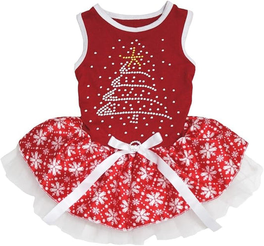 Petitebella Rhinestone Christmas Tree Puppy Dog Dress (Red/Red Snowflakes, Large)