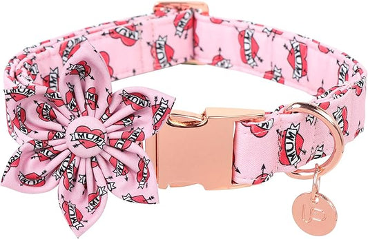 Mother’s Dog Collar with Flower, Cute Cotton Girl Dog Collar, Adorable Pink Flower Collar for Medium Girl Dog, Comfortable Female Dog Collar with Metal Buckle, M