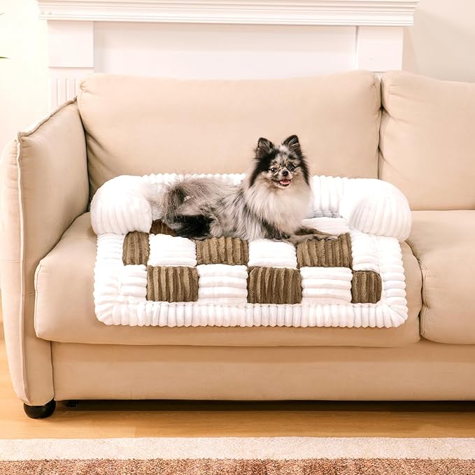 FUNNY FUZZY Pet Couch Covers for Sofa, Dog Couch Cover Protector 27.56×25.59" Cozy Cream Plaid Washable Pet Bed Mat for Furniture Sofa Cover for Dogs Cats, Small, Light Brown