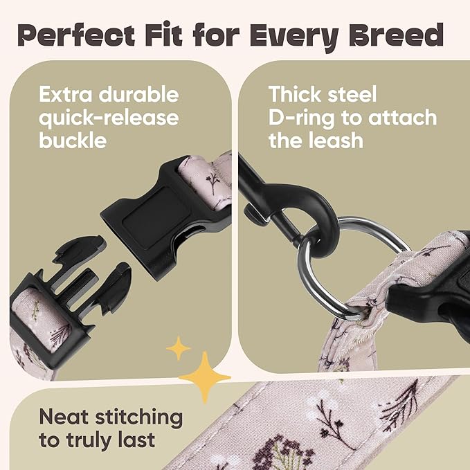 Dog Collar for Medium & Large Dogs - Flowers Cotton Padded Pattern on Long Lasting, Adjustable, Strong and Durable Collars - Choose from Stunning Patterns and Colors