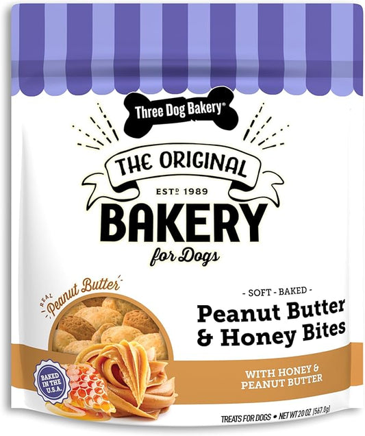 Three Dog Bakery Peanut Butter & Honey Bites - Training Treats, Biscuits, Mess-Free Snacks for Dogs & Puppies, Human-Inspired