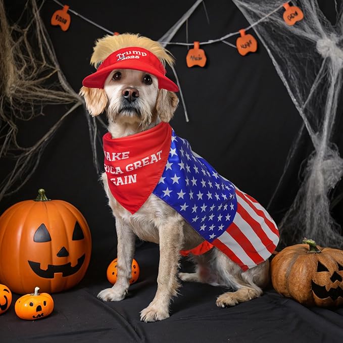SCENEREAL 4th July Dog Costume Independence Day Pet Outfit Set Holiday Clothing Accessories Includes Dog Wig Hat, American Flag Cape and Patriotic Bandana for Medium Dogs