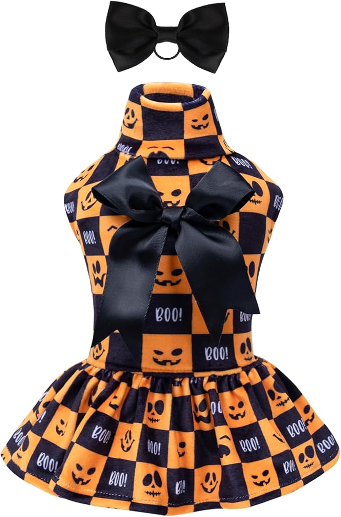 CuteBone Turtleneck Dog Velvet Dress Halloween Puppy Skirt Costume Pet Clothes Cat Apparel with Bow Hair Rope for Small Dogs CVD10M
