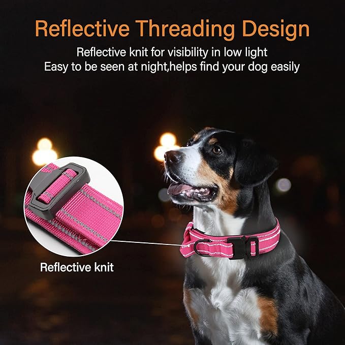 KCUCOP Tactical Dog Collar for Medium & Large Dogs - Military Nylon Heavy Duty Collar with Handle, Reflective Strip & Metal Buckle for Training, Outdoor (Pink Reflective, Large)