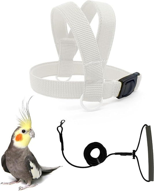 Bird Harness with Buckle Clip and A Leash, Outdoor Flying Kit for Bird Parrots Cockatiel S Size Weight 85-105 Grams, White
