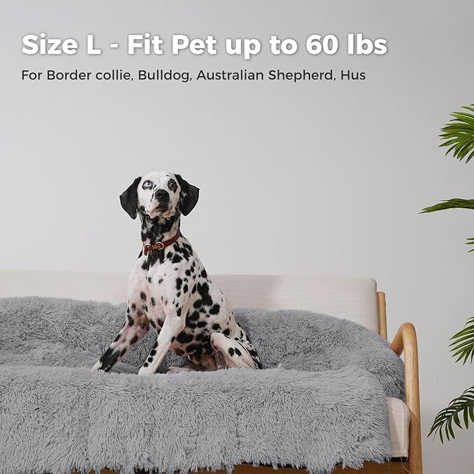 Calming Dog Bed Couch Cover Washable- Fluffy Plush Dog Mat for Furniture Protector for Small Big Dogs Cats, Light Grey