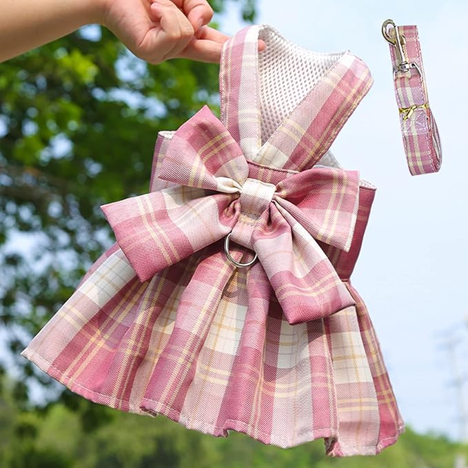 Dog Harness and Leash Set, Cute Bow Tie Plaid Harnesses for Puppy Cat, Adjustable Pet Kitties Vest, Breathable Harness Traction Rope for Boy Girl Small Animal(Skirt Dark Pink,2XL for 15.4-22lbs Dog)