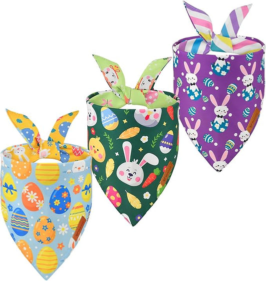 Vehomy 3-Pack Easter Dog Bandana Reversible Dog Bandanas Easter Egg Dog Bandanas Bunny Dog Scarfs Cat Triangular Bibs Easter Rabbit Pet Bandanas Scarves for Small Medium Large Dogs L