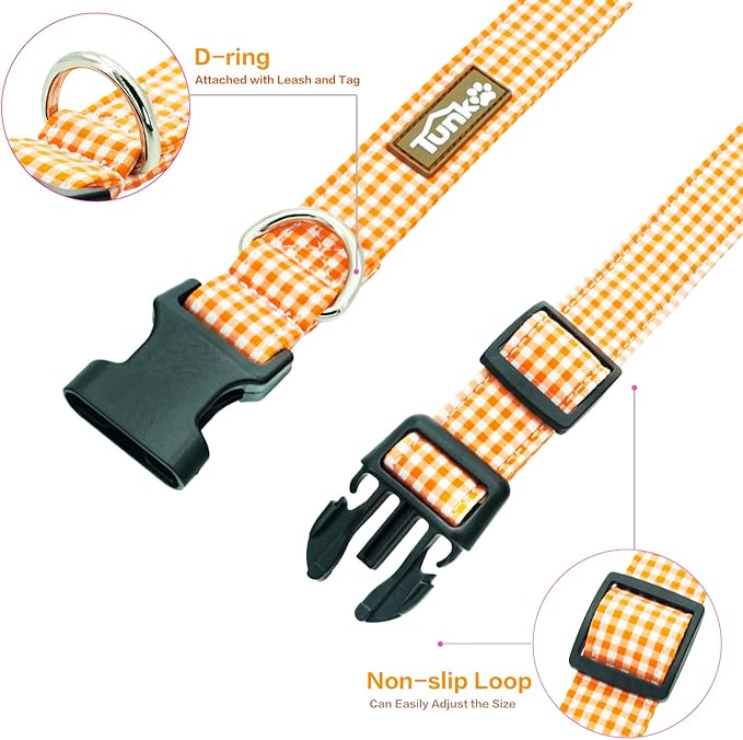 Tunkoo Orange Plaid Dog Collar Premium Cotton - Adjustable Collar with Strong Plastic Bucle Gifts for Small Medium Large Girl Boy Dogs, M